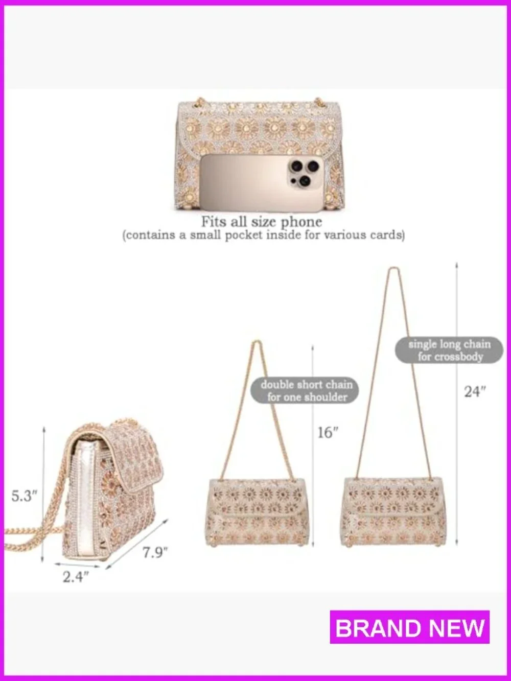 Rhinestone Evening Clutch Purse with Chain Elegant Floral Pattern Women's